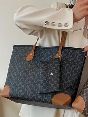 Monogram Print Tote Bag and Pouch Set - Dark Brown / Black with Tan Straps